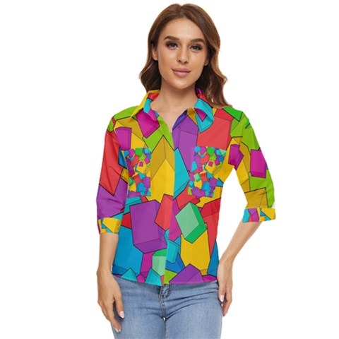 Abstract Cube Colorful  3d Square Pattern Women s Quarter Sleeve Pocket Shirt by Cemarart