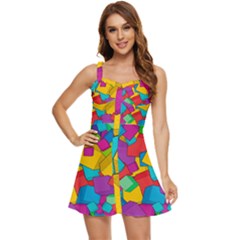 Abstract Cube Colorful  3d Square Pattern Ruffle Edge Bra Cup Chiffon Mini Dress by Cemarart