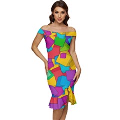 Abstract Cube Colorful  3d Square Pattern Off Shoulder Ruffle Split Hem Bodycon Dress by Cemarart