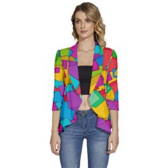 Abstract Cube Colorful  3d Square Pattern Women s 3/4 Sleeve Ruffle Edge Open Front Jacket by Cemarart