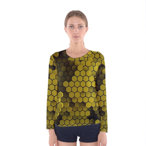 Yellow Hexagons 3d Art Honeycomb Hexagon Pattern Women s Long Sleeve T-shirt by Cemarart