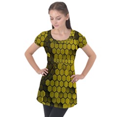 Yellow Hexagons 3d Art Honeycomb Hexagon Pattern Puff Sleeve Tunic Top by Cemarart