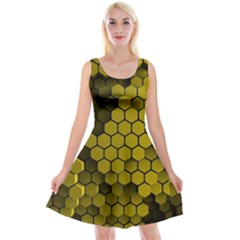 Yellow Hexagons 3d Art Honeycomb Hexagon Pattern Reversible Velvet Sleeveless Dress by Cemarart