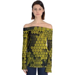 Yellow Hexagons 3d Art Honeycomb Hexagon Pattern Off Shoulder Long Sleeve Top by Cemarart