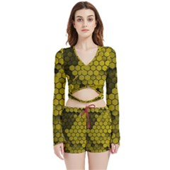 Yellow Hexagons 3d Art Honeycomb Hexagon Pattern Velvet Wrap Crop Top And Shorts Set by Cemarart