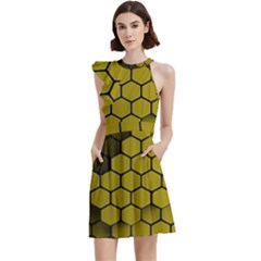 Yellow Hexagons 3d Art Honeycomb Hexagon Pattern Cocktail Party Halter Sleeveless Dress With Pockets