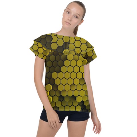 Yellow Hexagons 3d Art Honeycomb Hexagon Pattern Ruffle Collar Chiffon Blouse by Cemarart