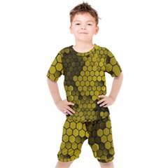 Yellow Hexagons 3d Art Honeycomb Hexagon Pattern Kids  T-shirt And Shorts Set by Cemarart