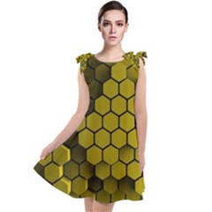 Yellow Hexagons 3d Art Honeycomb Hexagon Pattern Tie Up Tunic Dress by Cemarart