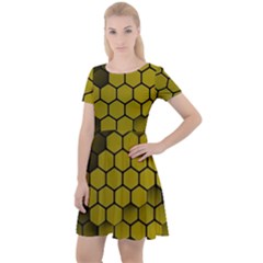 Yellow Hexagons 3d Art Honeycomb Hexagon Pattern Cap Sleeve Velour Dress 