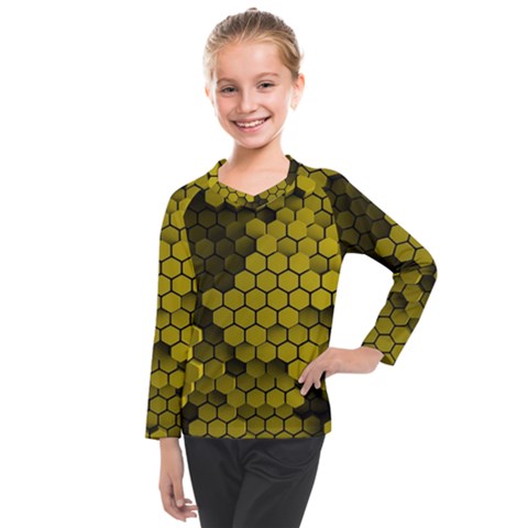 Yellow Hexagons 3d Art Honeycomb Hexagon Pattern Kids  Long Mesh T-shirt by Cemarart