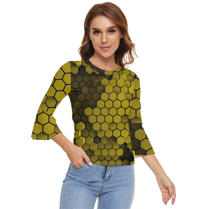 Yellow Hexagons 3d Art Honeycomb Hexagon Pattern Bell Sleeve Top