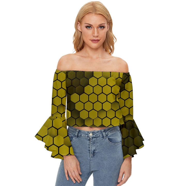 Yellow Hexagons 3d Art Honeycomb Hexagon Pattern Off Shoulder Flutter Bell Sleeve Top