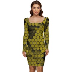 Yellow Hexagons 3d Art Honeycomb Hexagon Pattern Women Long Sleeve Ruched Stretch Jersey Dress by Cemarart