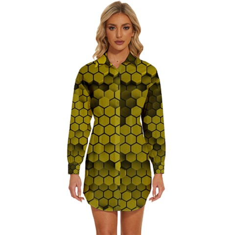 Yellow Hexagons 3d Art Honeycomb Hexagon Pattern Womens Long Sleeve Shirt Dress by Cemarart