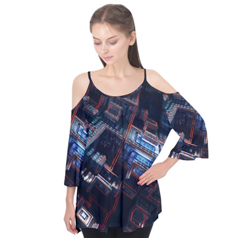 Fractal Cube 3d Art Nightmare Abstract Flutter Sleeve T-shirt  by Cemarart