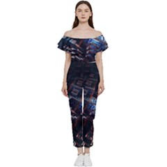 Fractal Cube 3d Art Nightmare Abstract Bardot Ruffle Jumpsuit by Cemarart