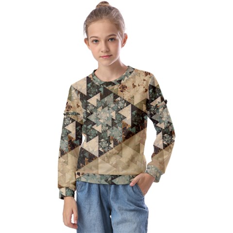 Triangle Geometry Colorful Fractal Pattern Kids  Long Sleeve T-shirt With Frill  by Cemarart