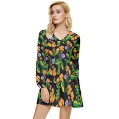 Flowers Pattern Art Floral Texture Tiered Long Sleeve Mini Dress by Cemarart