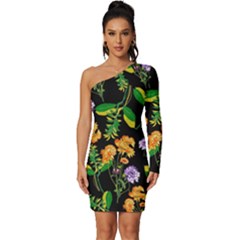 Flowers Pattern Art Floral Texture Long Sleeve One Shoulder Mini Dress by Cemarart