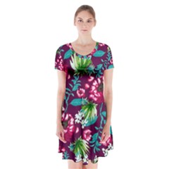 Flowers Pattern Art Texture Floral Short Sleeve V-neck Flare Dress by Cemarart