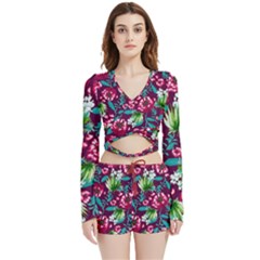 Flowers Pattern Art Texture Floral Velvet Wrap Crop Top And Shorts Set by Cemarart