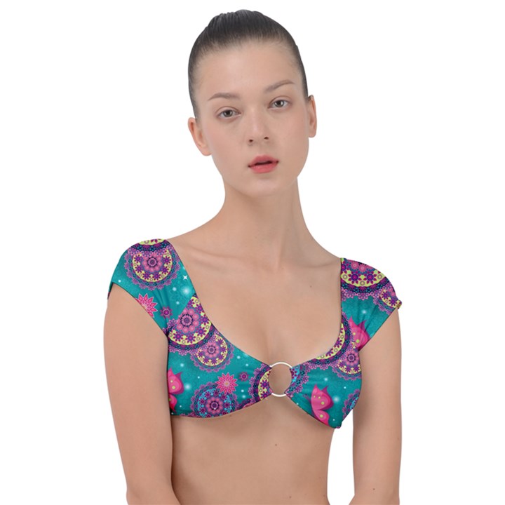 Floral Pattern Abstract Colorful Flow Oriental Spring Summer Cap Sleeve Ring Bikini Top