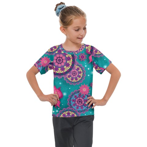 Floral Pattern Abstract Colorful Flow Oriental Spring Summer Kids  Mesh Piece T-shirt by Cemarart