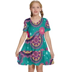 Floral Pattern Abstract Colorful Flow Oriental Spring Summer Kids  Short Sleeve Tiered Mini Dress by Cemarart