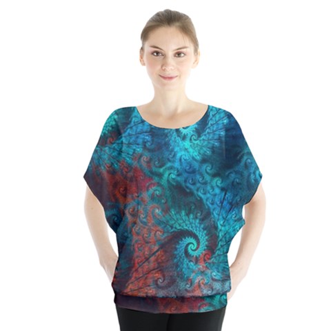 Fractal Art Spiral Ornaments Pattern Batwing Chiffon Blouse by Cemarart