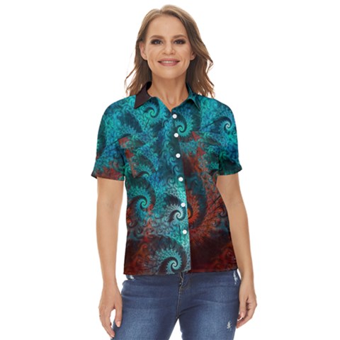 Fractal Art Spiral Ornaments Pattern Women s Short Sleeve Double Pocket Shirt by Cemarart