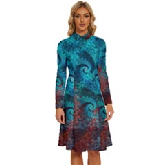 Fractal Art Spiral Ornaments Pattern Long Sleeve Shirt Collar A-line Dress by Cemarart