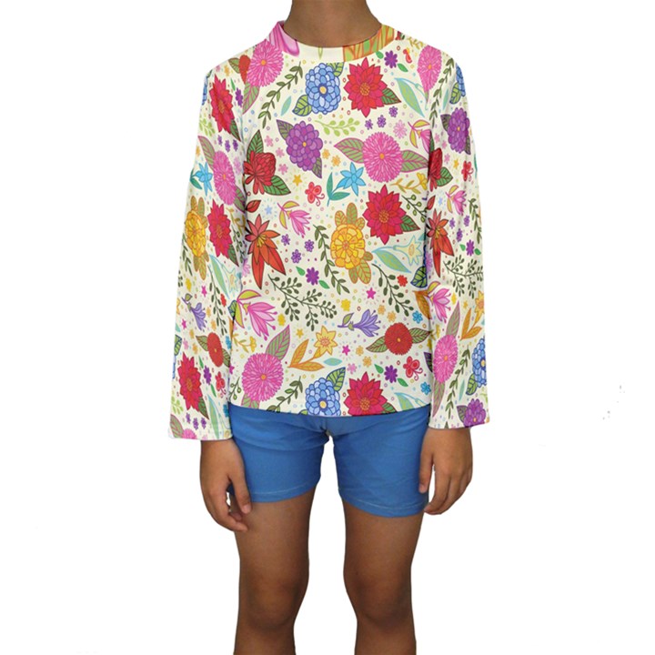 Colorful Flowers Pattern Kids  Long Sleeve Swimwear