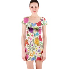 Colorful Flowers Pattern Short Sleeve Bodycon Dress by Cemarart