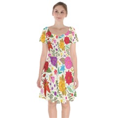 Colorful Flowers Pattern Short Sleeve Bardot Dress by Cemarart