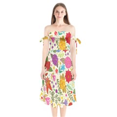 Colorful Flowers Pattern Shoulder Tie Bardot Midi Dress by Cemarart