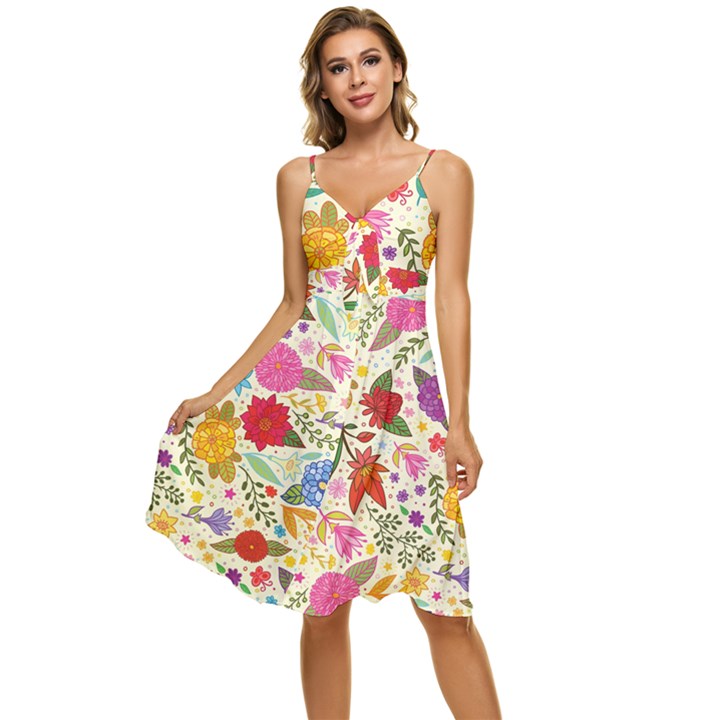 Colorful Flowers Pattern Sleeveless Tie Front Chiffon Dress