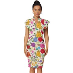 Colorful Flowers Pattern Vintage Frill Sleeve V-neck Bodycon Dress by Cemarart