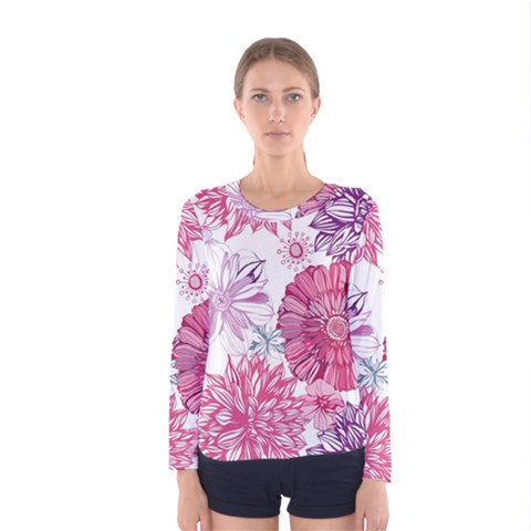 Violet Floral Pattern Women s Long Sleeve T-shirt by Cemarart