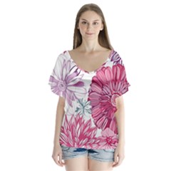 Violet Floral Pattern V-neck Flutter Sleeve Top by Cemarart