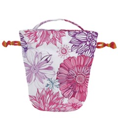 Violet Floral Pattern Drawstring Bucket Bag by Cemarart