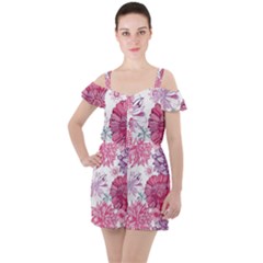 Violet Floral Pattern Ruffle Cut Out Chiffon Playsuit