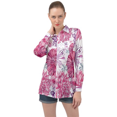 Violet Floral Pattern Long Sleeve Satin Shirt by Cemarart