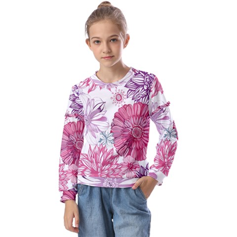 Violet Floral Pattern Kids  Long Sleeve T-shirt With Frill  by Cemarart