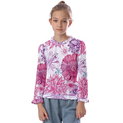 Violet Floral Pattern Kids  Frill Detail T-shirt by Cemarart