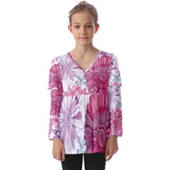 Violet Floral Pattern Kids  V Neck Casual Top by Cemarart