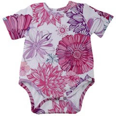 Violet Floral Pattern Baby Short Sleeve Bodysuit by Cemarart