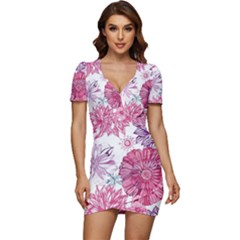 Violet Floral Pattern Low Cut Cap Sleeve Mini Dress by Cemarart