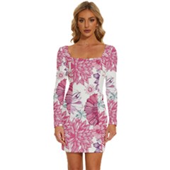 Violet Floral Pattern Long Sleeve Square Neck Bodycon Velvet Dress by Cemarart