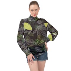 Leaves Floral Pattern Nature High Neck Long Sleeve Chiffon Top by Cemarart